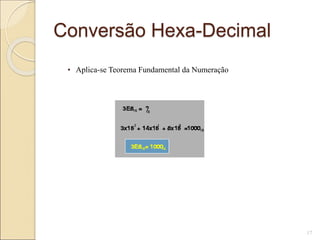 Conversão Hexa-Decimal
• Aplica-se Teorema Fundamental da Numeração
17
 