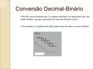 Conversão Decimal-Binário
Dividir sucessivamente por 2 o número decimal e os quocientes que vão
sendo obtidos, até que o quociente de uma das divisões seja 0.
O resultado é a seqüência de baixo para cima de todos os restos obtidos.
9
 