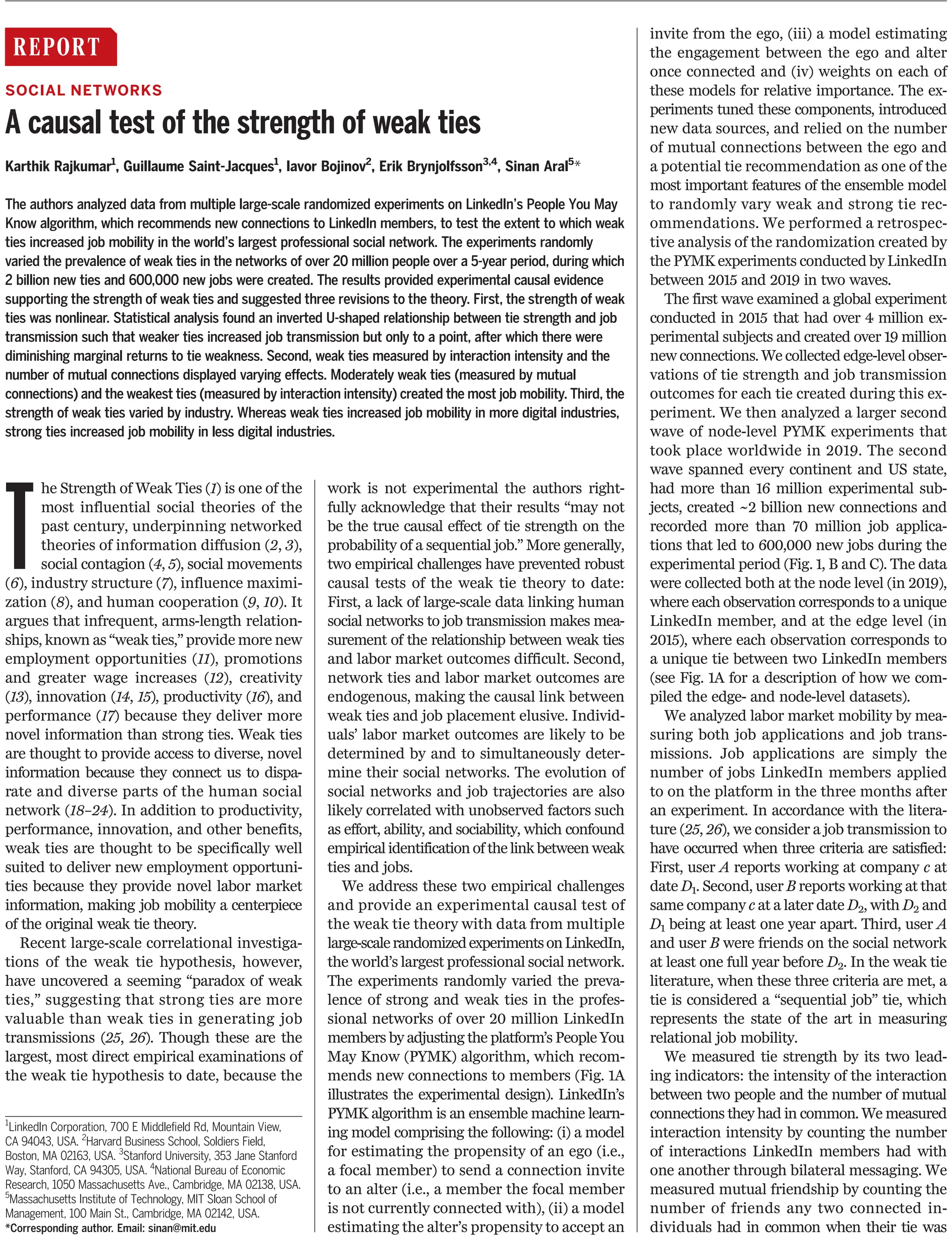 A causal test of the strength of weak ties.pdf