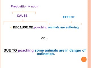  BECAUSE OF poaching animals are suffering.
or…
DUE TO poaching some animals are in danger of
extinction.
CAUSE
Preposition + noun
EFFECT