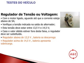 Regulador de Tensão ou Voltagem: Com o motor ligado, aguarde até que a corrente esteja abaixo de 5A; Verifique a tensão indicada na saída do alternador; Esta tensão deve estar entre 13,5 V e 14,5 V; Caso o valor obtido estiver fora desta faixa, o regulador deve ser substituído. Regulador abaixo de 13,5 V , bateria se descarrega  Regulador acima de 14,5 V , bateria apresenta sobrecarga. TESTES DO VEÍCULO 