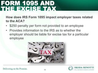 14
How does IRS Form 1095 impact employer taxes related
to the ACA?
• $250 penalty per form not provided to an employee
• Provides information to the IRS as to whether the
employer should be liable for excise tax for a particular
employee
FORM 1095 AND
THE EXCISE TAX
 