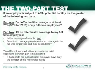 16
Part one: Do I offer health coverage to at least
70% (95% for 2016) of my full-time employees?
Part two: If I do offer health coverage to my full
time employees:
• Is that coverage affordable, and
• Does that coverage provide minimum coverage to the
full-time employees and their dependents?
Two different, non-deductible, excise taxes exist
depending on which part is not satisfied
• If both parts are not satisfied, employer pays only
the greater of the two excise taxes
THE TWO-PART TEST
If an employer is subject to ACA, potential liability for the greater
of the following two tests:
 