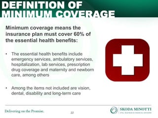 22
Minimum coverage means the
insurance plan must cover 60% of
the essential health benefits:
• The essential health benefits include
emergency services, ambulatory services,
hospitalization, lab services, prescription
drug coverage and maternity and newborn
care, among others
• Among the items not included are vision,
dental, disability and long-term care
DEFINITION OF
MINIMUM COVERAGE
 