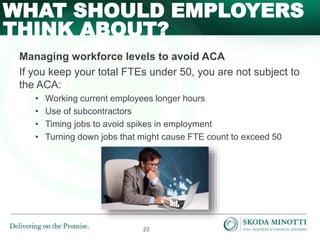 23
Managing workforce levels to avoid ACA
If you keep your total FTEs under 50, you are not subject to
the ACA:
• Working current employees longer hours
• Use of subcontractors
• Timing jobs to avoid spikes in employment
• Turning down jobs that might cause FTE count to exceed 50
WHAT SHOULD EMPLOYERS
THINK ABOUT?
 