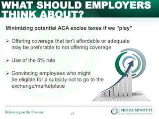 27
Minimizing potential ACA excise taxes if we “play”
 Offering coverage that isn’t affordable or adequate
may be preferable to not offering coverage
 Use of the 5% rule
 Convincing employees who might
be eligible for a subsidy not to go to the
exchange/marketplace
WHAT SHOULD EMPLOYERS
THINK ABOUT?
 