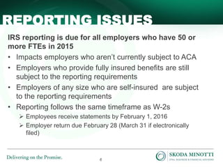 6
IRS reporting is due for all employers who have 50 or
more FTEs in 2015
• Impacts employers who aren’t currently subject to ACA
• Employers who provide fully insured benefits are still
subject to the reporting requirements
• Employers of any size who are self-insured are subject
to the reporting requirements
• Reporting follows the same timeframe as W-2s
 Employees receive statements by February 1, 2016
 Employer return due February 28 (March 31 if electronically
filed)
REPORTING ISSUES
 
