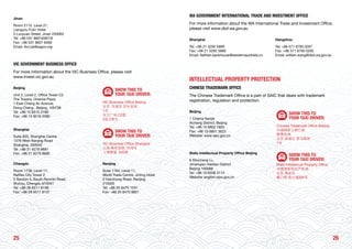 2625
Jinan
Room 2115, Level 21,
Liangyou Fulin Hotel
5 Luoyuan Street, Jinan 250063
Tel: +86 531 86016567/8
Fax: +86 531 8601 6569
Email: fion.jia@sagov.org
VIC GOVERNMENT BUSINESS OFFICE
For more information about the VIC Business Office, please visit
www.invest.vic.gov.au
Beijing
Unit 2, Level 2, Office Tower C2
The Towers, Oriental Plaza
1 East Chang An Avenue,
Dong Cheng , Beijing, 100738
Tel: +86 10 8515 3166
Fax: +86 10 8518 2080
SHOW THIS TO
YOUR TAXI DRIVER:
VIC Business Office Beijing
北京 东城区 东长安街
1号
东方广场 C2楼
2层 2单元
Shanghai
Suite 620, Shanghai Centre
1376 West Nanjing Road
Shanghai, 200040
Tel: +86 21 6279 8681
Fax: +86 21 6279 8685
SHOW THIS TO
YOUR TAXI DRIVER:
VIC Business Office Shanghai
上海 南京西路 1376号
上海商城 620室
Chengdu
Room 1738, Level 17,
Raffles City Tower 2
3 Section 4, South Renmin Road,
Wuhou, Chengdu 610041
Tel: +86 28 6511 8108
Fax: +86 28 6511 8107
Nanjing
Suite 1164, Level 11,
World Trade Centre, Jinling Hotel
2 Hanzhong Road, Nanjing
210005
Tel: +86 25 8470 1231
Fax: +86 25 8470 9821
WA GOVERNMENT INTERNATIONAL TRADE AND INVESTMENT OFFICE
For more information about the WA International Trade and Investment Office,
please visit www.dsd.wa.gov.au
Shanghai
Tel: +86 21 5292 5899
Fax: +86 21 5292 5889
Email: Nathan.backhouse@westernaustralia.cn
Hangzhou
Tel: +86 571 8795 0267
Fax: +86 571 8795 0295
Email: william.wang@dsd.wa.gov.au
INTELLECTUAL PROPERTY PROTECTION
CHINESE TRADEMARK OFFICE
The Chinese Trademark Office is a part of SAIC that deals with trademark
registration, regulation and protection.
Beijing
1 Chama Nanjie
Xicheng District, Beijing
Tel: +86 10 6802 7820
Fax: +86 10 6801 3623
Website: www.saic.gov.cn
SHOW THIS TO
YOUR TAXI DRIVER:
Chinese Trademark Office Beijing
中国国家工商行政
管理总局
北京 西城区 茶马南街
1号
State Intellectual Property Office Beijing
6 Xitucheng Lu
Jimenqiao Haidian District
Beijing 100088
Tel: +86 10 6208 3114
Website: english.sipo.gov.cn
SHOW THIS TO
YOUR TAXI DRIVER:
State Intellectual Property Office
中国国家知识产权局
北京 海淀区
蓟门桥 西土城路6号
 