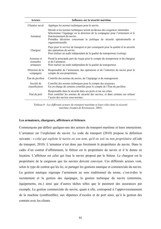 91
Acteurs Influence sur la sécurité maritime
Chantier naval Applique les normes techniques pour le navire.
Armateur
Décide si les normes techniques seront au-dessus des exigences minimales
Sélectionne l’équipage ou la direction de la compagnie pour l’armement et le
fonctionnement du navire.
Prenddes décisions concernant la politique de sécurité opérationnelle et
organisationnelle.
Chargeur
Paye pour le service de transport et par conséquent pour la qualité et la sécurité
des opérations du navire.
Peut réaliser un audit indépendant de la qualité du transporteur (vetting).
Assureur et
mutuelles
armateurs
Prend la principale part du risque pour le compte du transporteur et du chargeur
et de l’armateur.
Peut réaliser un audit indépendant de la qualité du transporteur.
Direction de la
compagnie
Responsable de l’armement, des opérations et de l’entretien du navire pour le
compte de son propriétaire.
État du pavillon Contrôle des normes du navire, de l’équipage et du management.
Société de
classification
Contrôle des normes techniques pour le compte des assureurs.
Est en charge de certains contrôles pour le compte de l’État du pavillon.
État du port
Responsable dans la sécurité dans ses ports et sur ses côtes.
Peut contrôler les normes de sécurité des navires, et dans certains cas refuser
l’accès des navires sous-normes.
Tableau 6 : Les différents acteurs du transport maritime et leurs rôles dans la sécurité
maritime (traduit de Kristiansen, 2005)
Les armateurs, chargeurs, affréteurs et fréteurs
Commençons par définir quelques-uns des acteurs du transport maritime et leurs interactions.
L’armateur est l’exploitant du navire. Le code du transport (2010) propose la définition
suivante : « celui qui exploite le navire en son nom, qu'il en soit ou non propriétaire »(Code
du transport, 2010). L’armateur n’est donc pas forcément le propriétaire du navire. Dans le
cadre d’un contrat d’affrètement, le fréteur est le propriétaire du navire et il le donne en
location. L’affréteur est celui qui loue le navire proposé par le fréteur. Le chargeur est le
propriétaire de la cargaison que les navires doivent convoyer. Ces différents acteurs vont,
selon le type de contrat qui les lie, se partager les gestions nautique et commerciale du navire.
La gestion nautique regroupe l’armement au sens traditionnel du terme, c’est-à-dire le
recrutement et la gestion des équipages, la gestion technique du navire (entretiens,
équipements, etc.) ainsi que d’autres tâches telles que le paiement des assurances par
exemple. La gestion commerciale du navire, quant à elle, correspond à l’approvisionnement
de la machine (combustible), aux dépenses d’escales et de port ainsi, qu’à la gestion des
contrats avec les clients.
 