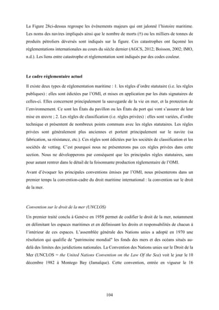 104
La Figure 28ci-dessus regroupe les événements majeurs qui ont jalonné l’histoire maritime.
Les noms des navires impliqués ainsi que le nombre de morts (†) ou les milliers de tonnes de
produits pétroliers déversés sont indiqués sur la figure. Ces catastrophes ont façonné les
réglementations internationales au cours du siècle dernier (AGCS, 2012; Boisson, 2002; IMO,
n.d.). Les liens entre catastrophe et réglementation sont indiqués par des codes couleur.
Le cadre réglementaire actuel
Il existe deux types de réglementation maritime : 1. les règles d’ordre statutaire (i.e. les règles
publiques) : elles sont édictées par l’OMI, et mises en application par les états signataires de
celles-ci. Elles concernent principalement la sauvegarde de la vie en mer, et la protection de
l’environnement. Ce sont les États du pavillon ou les États du port qui vont s’assurer de leur
mise en œuvre ; 2. Les règles de classification (i.e. règles privées) : elles sont variées, d’ordre
technique et présentent de nombreux points communs avec les règles statutaires. Les règles
privées sont généralement plus anciennes et portent principalement sur le navire (sa
fabrication, sa résistance, etc.). Ces règles sont édictées par les sociétés de classification et les
sociétés de vetting. C’est pourquoi nous ne présenterons pas ces règles privées dans cette
section. Nous ne développerons par conséquent que les principales règles statutaires, sans
pour autant rentrer dans le détail de la foisonnante production réglementaire de l’OMI.
Avant d’évoquer les principales conventions émises par l’OMI, nous présenterons dans un
premier temps la convention-cadre du droit maritime international : la convention sur le droit
de la mer.
Convention sur le droit de la mer (UNCLOS)
Un premier traité conclu à Genève en 1958 permet de codifier le droit de la mer, notamment
en délimitant les espaces maritimes et en définissant les droits et responsabilités de chacun à
l’intérieur de ces espaces. L’assemblée générale des Nations unies a adopté en 1970 une
résolution qui qualifie de "patrimoine mondial" les fonds des mers et des océans situés au-
delà des limites des juridictions nationales. La Convention des Nations unies sur le Droit de la
Mer (UNCLOS = the United Nations Convention on the Law Of the Sea) voit le jour le 10
décembre 1982 à Montego Bay (Jamaïque). Cette convention, entrée en vigueur le 16
 