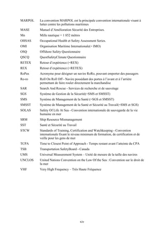 xiv
MARPOL La convention MARPOL est la principale convention internationale visant à
lutter contre les pollutions maritimes
MASE Manuel d’Amélioration Sécurité des Entreprises.
Mn Mille nautique = 1 852 mètres
OHSAS Occupational Health et Safety Assessment Series.
OMI Organisation Maritime Internationale(= IMO)
OSQ Offshore Safety Questionnaire
QSCQ QuestSafetyClimate Questionnaire
RETEX Retour d’expérience (=REX)
REX Retour d’expérience (=RETEX)
RoPax Acronyme pour désigner un navire RoRo, pouvant emporter des passagers
Ro-ro Roll On Roll Off - Navire possédant des portes à l’avant et à l’arrière
permettant de faire rouler directement la marchandise
SAR Search And Rescue - Services de recherche et de sauvetage
SGS Système de Gestion de la Sécurité(=SMS et SMSST)
SMS Système de Management de la Santé (=SGS et SMSST)
SMSST Système de Management de la Santé et Sécurité au Travail(=SMS et SGS)
SOLAS Safety Of Life At Sea - Convention internationale de sauvegarde de la vie
humaine en mer
SRM Ship Resource Mismanagement
SST Santé et Sécurité au Travail
STCW Standards of Training, Certification and Watchkeeping - Convention
internationale fixant le niveau minimum de formation, de certification et de
veille pour les gens de mer
TCPA Time to Closest Point of Approach - Temps restant avant l’atteinte du CPA
TSB Transportation SafetyBoard - Canada
UMS Universal Measurement System – Unité de mesure de la taille des navires
UNCLOS United Nations Convention on the Law Of the Sea : Convention sur le droit de
la mer
VHF Very High Frequency – Très Haute Fréquence
 
