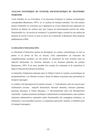 125
ANALYSE SYSTEMIQUE DU SYSTEME SOCIOTECHNIQUE DU TRANSPORT
MARITIME
Avant d’étudier les cas d’accidents, il est nécessaire d’analyser le système sociotechnique
correspondant (Rasmussen, 1997) ; ici, le système du transport maritime. Une telle analyse
permet d’identifier les contraintes qui s’appliquent au niveau sharp-end mais également les
barrières de défense du système ainsi que l’espace de fonctionnement prescrit des unités
fonctionnelles (i.e. les navires de commerce). La première étape a consisté en une analyse du
domaine de travail à travers la mise en œuvre de la hiérarchie d’abstraction (HA) proposée
parRasmussen (1986).
La hiérarchie d’abstraction (HA)
La Hiérarchie d’Abstraction permet de décomposer un système sociotechnique en tout ou
parties et en termes de fins ou moyens. Cette représentation est nécessaire àla
compréhensiondes accidents, car elle permet de caractériser les liens existants entre les
objectifs fonctionnels, les fonctions abstraites et les fonctions générales du système
(Rasmussen, 1997). Il est ainsi, possible d’en extraire les contraintes et de caractériser le
degré d’efficacité des barrières de défense.
La hiérarchie d’abstraction présentée dans le Tableau 9 décrit le système sociotechnique du
transportmaritime. Les éléments les plus à droite du tableau concernent plus précisément le
transport à passagers.
Le système a été décomposé de la manière suivante : 1. Verticalement, selon les cinq niveaux
d’abstraction suivants : objectifs fonctionnels, fonctions abstraites, fonctions générales,
processus physiques et formes physiques ; 2. Horizontalement selon une décomposition
structurelle : systèmes (structures politiques et administratives internationales), sous-systèmes
(structures administratives nationales) unités fonctionnelles (les compagnies maritimes, ou
armements), sous-ensembles (navires), et composants (passerelle, machine, et hôtellerie pour
le transport à passagers).
 