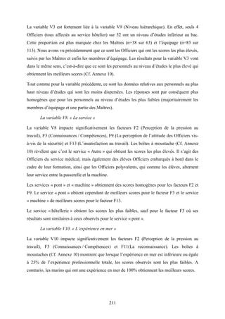 211
La variable V3 est fortement liée à la variable V9 (Niveau hiérarchique). En effet, seuls 4
Officiers (tous affectés au service hôtelier) sur 52 ont un niveau d’études inférieur au bac.
Cette proportion est plus marquée chez les Maîtres (n=38 sur 63) et l’équipage (n=83 sur
113). Nous avons vu précédemment que ce sont les Officiers qui ont les scores les plus élevés,
suivis par les Maîtres et enfin les membres d’équipage. Les résultats pour la variable V3 vont
dans le même sens, c’est-à-dire que ce sont les personnels au niveau d’études le plus élevé qui
obtiennent les meilleurs scores (Cf. Annexe 10).
Tout comme pour la variable précédente, ce sont les données relatives aux personnels au plus
haut niveau d’études qui sont les moins dispersées. Les réponses sont par conséquent plus
homogènes que pour les personnels au niveau d’études les plus faibles (majoritairement les
membres d’équipage et une partie des Maîtres).
La variable V8. « Le service »
La variable V8 impacte significativement les facteurs F2 (Perception de la pression au
travail), F3 (Connaissances / Compétences), F9 (La perception de l’attitude des Officiers vis-
à-vis de la sécurité) et F13 (L’insatisfaction au travail). Les boîtes à moustache (Cf. Annexe
10) révèlent que c’est le service « Autre » qui obtient les scores les plus élevés. Il s’agit des
Officiers du service médical, mais également des élèves Officiers embarqués à bord dans le
cadre de leur formation, ainsi que les Officiers polyvalents, qui comme les élèves, alternent
leur service entre la passerelle et la machine.
Les services « pont » et « machine » obtiennent des scores homogènes pour les facteurs F2 et
F9. Le service « pont » obtient cependant de meilleurs scores pour le facteur F3 et le service
« machine » de meilleurs scores pour le facteur F13.
Le service « hôtellerie » obtient les scores les plus faibles, sauf pour le facteur F3 où ses
résultats sont similaires à ceux observés pour le service « pont ».
La variable V10. « L’expérience en mer »
La variable V10 impacte significativement les facteurs F2 (Perception de la pression au
travail), F3 (Connaissances / Compétences) et F11(La reconnaissance). Les boîtes à
moustaches (Cf. Annexe 10) montrent que lorsque l’expérience en mer est inférieure ou égale
à 25% de l’expérience professionnelle totale, les scores observés sont les plus faibles. A
contrario, les marins qui ont une expérience en mer de 100% obtiennent les meilleurs scores.
 