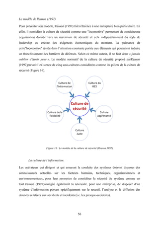 56
Le modèle de Reason (1997)
Pour présenter son modèle, Reason (1997) fait référence à une métaphore bien particulière. En
effet, il considère la culture de sécurité comme une "locomotive" permettant de conduireune
organisation donnée vers un maximum de sécurité et cela indépendamment du style de
leadership ou encore des exigences économiques du moment. La puissance de
cette"locomotive" réside dans l’attention constante portée aux éléments qui pourraient induire
un franchissement des barrières de défenses. Selon ce même auteur, il ne faut donc « jamais
oublier d’avoir peur ». Le modèle normatif de la culture de sécurité proposé parReason
(1997)prévoit l’existence de cinq sous-cultures considérées comme les piliers de la culture de
sécurité (Figure 16).
Culture de
sécurité
Culture de
l’information
Culture
Juste
Culture de la
flexibilité
Culture du
REX
Culture
apprenante
Figure 16 : Le modèle de la culture de sécurité (Reason,1997)
La culture de l’information.
Les opérateurs qui dirigent et qui assurent la conduite des systèmes doivent disposer des
connaissances actuelles sur les facteurs humains, techniques, organisationnels et
environnementaux, pour leur permettre de considérer la sécurité du système comme un
tout.Reason (1997)souligne également la nécessité, pour une entreprise, de disposer d’un
système d’information portant spécifiquement sur le recueil, l’analyse et la diffusion des
données relatives aux accidents et incidents (i.e. les presque-accidents).
 