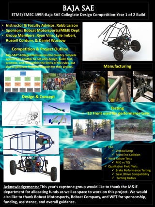 BAJA SAE
ETME/EMEC 499R-Baja SAE Collegiate Design Competition-Year 1 of 2 Build
• Instructor & Faculty Advisor: Robb Larson
• Sponsors: Bobcat Motorsports/M&IE Dept
• Group Members: Ryan Vine, Lyle Imberi,
Russell Cordum, & Daniel Wussow
Competition & Project Outline
Design & Concept
Acknowledgements: This year's capstone group would like to thank the M&IE
department for allocating funds as well as space to work on this project. We would
also like to thank Bobcat Motorsports, Bobcat Company, and WET for sponsorship,
funding, assistance, and overall guidance.
Manufacturing
Testing
• ‘13 Front used for performance tests
• Baja SAE®-College teams across the country compete
against one another to not only design, build, test,
promote, and race within the limits of the rules, but
also to generate financial support for their project.
 FEA
 Vertical Drop
 Front End Collision
 Weld Failure Tests
 MIG vs TIG
 Qualitative Field Tests
 Brake Performance Testing
 Gear /Drive Compatibility
 Turning Radius
 