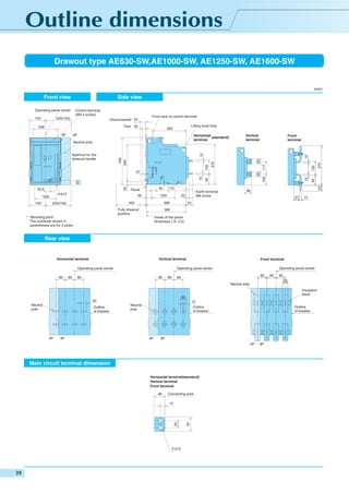 Drawout type AE630-SW,AE1000-SW, AE1250-SW, AE1600-SW

(mm)

Side view

Front face of control terminal

4P

Horizontal
(standard)
terminal

*200
149

48

368

Fully drawout
position

15

Earth terminal
M8 screw

23

*220

452

234(149)

172

40

Panel

4-φ14

15

53

25

40

15

15

50

15

42.5

Front
terminal

132

132

430
340

Aperture for the
drawout handle

Vertical
terminal

15

Neutral pole

50

3P

Lifting hook hole

283

66
57

15

61

366

* : Mounting pitch
The numerals shown in
parentheses are for 3 poles.

Inside of the panel
(thickness 1.6~3.2)

Rear view

Horizontal terminal

Vertical terminal

85

Front terminal
Operating panel center

Operating panel center

Operating panel center
85

85

85

85

85

85

85

85
50

Neutral pole
Insulation
block

50
50
Neutral
pole

Outline
of breaker

4P

3P

15
Outline
of breaker

Neutral
pole

4P

Outline
of breaker

3P
4P

Main circuit terminal dimension
Horizontal terminal(standard)
Vertical terminal
Front terminal
Connecting area

2-φ13

50

15

25

38

370

Test 35

228

92

Disconnected 54

117

235(150)

370

150

Control terminal
(M3.5 screw)

92

Operating panel center

100

Front view

3P

 