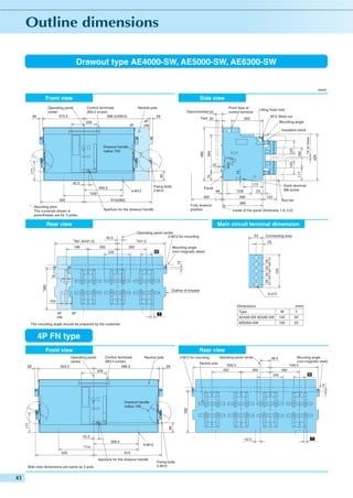 Drawout type AE4000-SW, AE5000-SW, AE6300-SW

(mm)

Front view

Side view
Neutral pole

Control terminals
(M3.5 screw)
588.5(458.5)

Operating panel
center
373.5

28

228

Front face of
control terminal

Disconnected 54
28

Test 35

4P
HN

3P

Lifting hook hole
M12 Weld nut

283

Mounting angle

75

Fixing bolts
2-M12

Panel

42.5
4-M12

*530
395

172

* : Mounting pitch
The numerals shown in
parentheses are for 3 poles.

48

*220

123

14 or more

Bus bar

366

Fully drawout
position

Aperture for the drawout handle

Earth terminal
M8 screw

23

368

400

610(480)

420

117

15

90

177

15

345.5

182

125

340

480

Drawout handle
radius 100

125

Insulation block

Inside of the panel (thickness 1.6~3.2)

Main circuit terminal dimension

Rear view
Operating panel center
2-M12 for mounting
*431.5

262

262

25

Mounting angle
(non-magnetic steel)

W

14

235

Connecting area

*382

25

125

196

53

25 25 25 25

42.5
*561.5(431.5)

Outline of breaker
5-φ13
103
(mm)

Dimensions
4P
HN

W

T

AE4000-SW AE5000-SW

100

20

AE6300-SW

3P

105

25

Type

T

The mounting angle should be prepared by the customer.

4P FN type
Front view

Rear view
Control terminals
(M3.5 screw)
588.5

Operating panel
center
28

503.5

Neutral pole

2-M12 for mounting
Neutral pole

28

228

Operating panel center
*692.5
262

Mounting angle
(non-magnetic steel)
*430.5

88.5

262

262

W
14

235

*382

90

177

Drawout handle
radius 100

42.5

*42.5

399.5

6-M12

*714
525

610
Aperture for the drawout handle

Side view dimensions are same as 3 pole.

Fixing bolts
2-M12

T

 