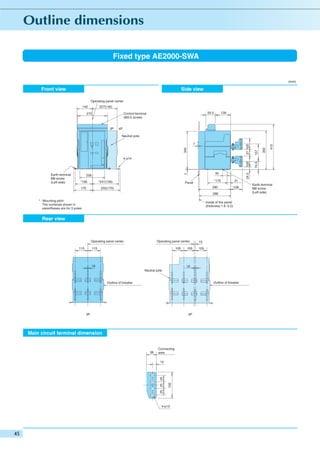Fixed type AE2000-SWA

(mm)

Front view

Side view
Operating panel center
142

227(142)
93.5

Control terminal
(M3.5 screw)

275

3P

139

4P

410

350

340

57 100

7

157

Neutral pole

228
*156

*241(156)

170

*175

Panel

290

255(170)

24.5

40

5

Earth terminal
M8 screw
(Left side)

31
108

288
* : Mounting pitch
The numerals shown in
parentheses are for 3 poles.

Inside of the panel
(thickness 1.6~3.2)

Rear view

Operating panel center
115

Operating panel center

115

105

10

105

10
105

10
Neutral pole

Outline of breaker

Outline of breaker

3P

4P

Main circuit terminal dimension
Connecting
area

100

15

25 25 25

38

4-φ13

74.5

100

4-φ14

Earth terminal
M8 screw
(Left side)

 
