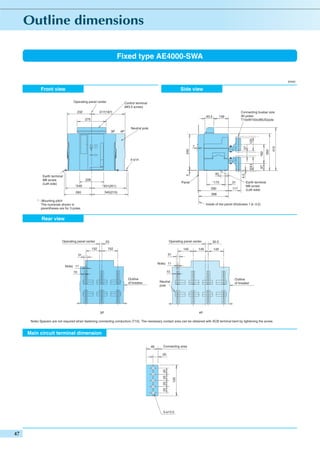 Fixed type AE4000-SWA

(mm)

Front view

Side view
Operating panel center
232

Control terminal
(M3.5 screw)

317(187)
93.5

275

Connecting busbar size
All poles:
T10xW150x3BUS/pole

139

Neutral pole
4P

410

182

340

57

7

350

125

3P

228

Panel

*246

*175

*331(201)

290

345(215)

260

4.5

40

5

Earth terminal
M8 screw
(Left side)

67

129.5

4-φ14

31
117

Earth terminal
M8 screw
(Left side)

288

* : Mounting pitch
The numerals shown in
parentheses are for 3 poles.

Inside of the panel (thickness 1.6~3.2)

Rear view

Operating panel center

Operating panel center

152

30.5

145

23

145

152

145

31

31

Note) 11

Note) 11

10

10
Outline
of breaker

Outline
of breaker

Neutral
pole

3P

4P

Note) Spacers are not required when fastening connecting conductors (T10). The necessary contact area can be obtained with ACB terminal bent by tightening the screw.

Main circuit terminal dimension
Connecting area

125

20

25 25 25 25

48

5-φ13.5

 