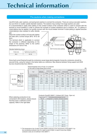 Pre-cautions when making connections
Use M12 bolts, plain washers, and spring lock washers to connect the conductor. There are various size plain washers,
but use 24mm or smaller outside diameter washers. The washers may overlap if too large washers are used.
It is recommended to apply silver plating on the contact surface of the conductor which is used to connect with the
terminal of circuit breakers in order to prevent the increase of contact resistance due to moisture, etc. Tin plating or
nickel plating may be applied, but quickly connect with the circuit breaker terminal if nickel plating is applied because
nickel plating is less resistant to sulfur dioxide
gas.
Clean the contact surface and securely tighten
25mm
the bolts with a correct torque (M12: 40 to 50
Plain
N•m).
washer
The terminal which is applicable to connect
the conductor is different depending on the
shape of the terminal. Refer to the outline
Conductor (plating)
dimensions of P.39 to P.46.
25
ACB Terminal (silver plating)

Standard tightening torque
Screw size
M12

Plain
washer

Tightening torque(N•m)
40~50

Since fault current flowing through the conductors cause large electromagnetic forces,the conductors should be
secured firmly, using the values in the below table as a reference. Max distance between fixing support and ACB
bus bar should be less than 200mm.
Electromagnetic force in N per 1m conductor
(in the case of three phase short circuit)
Type

AE2000-SWA

AE630-SW~
AE1600-SW

Bus bar

3-Pole
Conductor distance(mm)

AE2000-SW~
AE3200-SW

4-Pole

115

(N)
AE4000-SWA

105

85

AE4000-SW~
AE6300-SW

Fixed type

Drawout type
3-Pole

4-Pole

3-Pole

4-Pole

130

190

170

152

145

262

Prospective fault current kA(pf)
30(0.2)

5700

6300

5100

3500

3900

4300

4500

2500

15100

11200

12200

9900

6800

7600

8500

8900

5000

50(0.2)

21400

15800

17300

14000

9600

10700

12000

12600

7000

65(0.2)

36100

26700

29300

23600

16200

18100

20200

21200

11800

75(0.2)

-

-

-

31500

21500

24100

26900

28200

15800

85(0.2)

-

-

-

40400

27600

30900

34500

36200

20000

100(0.2)

-

-

-

-

-

-

-

-

27800

130(0.2)

Max.200mm
Fixing support

7700

42(0.2)

AE–SW

-

-

-

-

-

-

-

-

47000

Conductor Size(IEC 60947-1; Ambient 40°C Temp., Open air)

When selecting conductors to be
connected to AE breakers, please ensure
that they have a sufficient current
capacity. Refer to the right table.

Rated current
Max.(A)

Connecting conductors(copper bus bar)
Quantity

Conductor size(mm)

630

2

40 x 5

1000

2

60 x 5

1250

2

80 x 5

1600

2

100 x 5

2000

3

100 x 5

2500

4

100 x 5

3150(3200)*1

3

100 x 10

4

150 x 10

4000
⎛ AE4000-SWA ⎞
⎝ Fixed type ⎠

3

150 x 10

4000
(AE4000-SW)

4

100 x 10

5000

4

150 x 10

6300

4

200 x 10

4000
⎛ AE4000-SWA ⎞
⎝ Drawout type ⎠

Arrangement

With long
surface vertical

*1 The temperature rise of rated current 3200A conforms to the requirement of IEC 60947-1 for
the connecting conductor size of a rated current 3150A. In case of more than 3200A,
conductor sizes are not defined in IEC 60947-1.

 