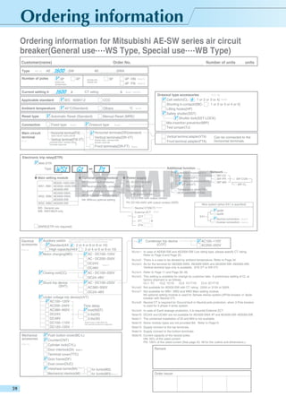 Ordering information for Mitsubishi AE-SW series air circuit
breaker(General use....WS Type, Special use....WB Type)
Customer(name)
Type

P9~10

Order No.

AE

-SW

Number of poles

AE
4P

3P

AE4000-SW~
AE6300-SW

AE630-SW~
AE4000-SWA

Current setting Ir

4P HN
4P FN

3P

A

Applicable standard

IEC 60947-2

Ambient temperature

40°C(Standard)

Others

Note15
Note15

Note1 P9,P20
P17~18
Drawout type accessories
Cell switch(CL: 1 or 2 or 3 or 4) Note5
Shorting b-contact(SBC: 1 or 2 or 3 or 4 or 5)
Lifting hooks(HP)
Safety shutter(SST)
Shutter lock(SST-LOCK)
Mis-insertion preventor(MIP)
Test jumper(TJ)

CCC

Reset type

Automatic Reset (Standard)

Connection

Fixed type

Main circuit
terminal

Horizontal terminal(FIX)

P.11

(AE630~1600-SW / AE2000~3200-SW)

Vertical terminal(FIX-VT)

(

AE2000-SWA / AE4000-SWA
AE4000~6300-SW

)

°C

Note2

Manual Reset (MRE)

Drawout type

Note3

units

-SWA

CT rating

A

Number of units

Note3

Horizontal terminals(DR)(standard)
Vertical terminals(DR-VT)

Vertical terminal adapter(VTA)
Front terminal adapter(FTA)

AE2000-SWA / AE4000-SWA
AE4000~6300-SW

Front terminals(DR-FT)

Can be connected to the
Horizontal terminals.

Note4

Electronic trip relay(ETR)
With ETR
Type

Additional function

P32

EXAMPLE
Extension module(EX1)

● Main setting module

AE630–1600-SW,
WS1, WB1 AE2000–3200-SW,
AE4000-SW
AE2000-SWA,
WS2, WB2 AE4000-SWA,
AE5000-SW
WS3, WB3 AE6300-SW

● Optional setting module
G1: Ground fault protection

Note6

Note7

● Power supply

P1: AC•DC100-240V

N5: Neutral pole 50% protection

P2: DC24-60V

E1: Earth leakage protection

P3: AC100-240V / DC100-125V
with output contact
P4: DC24-60V with output contact

AP: 2nd Additional Pre-alarm

NA: Without optional setting

Neutral CT(NCT)

B contacts in the same quantity are
Auxiliary switch A andquantity: 5 each for A and B contactsused.
Max.
Standard(AX
: 2 or 4 or 6 or 8 or 10)
High capacity(HAX
: 2 or 4 or 6 or 8 or 10)
AC • DC100–125V
Motor charging(MD)
AC • DC200–250V
DC24V Note10
DC48V
Closing coil(CC)
AC • DC100–250V
DC24–48V

Shunt trip device
(SHT)

AC • DC100–250V
AC380–500V
DC24–48V

Under voltage trip device(UVT)
AC100–120V
AC200–240V
Time delay
AC380–460V
Inst(INST)
DC24V
0.5s(05)
DC48V
3.0s(30)
Note:In case of 380-460V AC,
DC100–110V
the external transformer is attached
DC120–125V
Mechanical
accessories
P15~16

Push button cover(BC-L)
Counter(CNT)
Cylinder lock(CYL)
Door interlock(DI) Note11
Terminal cover(TTC)
Door frame(DF)
Dust cover(DUC)
Interphase barrier(BA) Note12
Mechanical interlock(MI)

BIF-CL

3φ3W
3φ4W

B

Normal connection : Note13
Inverse connection : Note14

ZTA

BARE(ETR not required)

P12~14

BIF-CON

Wire system (when EX1 is specified)

EX1

ZCT
ZT

BIF-CC
BIF-PR
BIF-MD

Note8

Note9

External ZCT
P28

Network P33

Temperature alarm(TAL)
MCR switch(MCR-SW)

P5: DC100-240V with output contact (SSR)

WS : General use
WB : INST/MCR only

Electrical
accessories

Display(DP1)
Display onto panel board(DP2)
VT unit(VT)

P16

Condenser trip device
(COT)

N o t e 1 : In case of AE630-SW and AE2000-SW Low rating type, please specify CT rating.
Refer to Page 9 and Page 20.
N o t e 2 : There is a case to be derated by ambient temperature. Refer to Page 54.
N o t e 3 : As for the terminal for AE2000-SWA, AE4000-SWA and AE4000-SW~AE6300-SW,
Vertical terminal type only is available. (FIX-VT or DR-VT)
N o t e 4 : Refer to Page 11 and Page 39~46.
N o t e 5 : This setting is available for change by customer later. A preliminary setting of CL at
factory shipment is as follows.
CL1: 1C
CL2: 1C1D
CL3: 1C1T1D
CL4: 2C1T1D
N o t e 6 : Not available for AE630-SW with CT rating : 250A or 315A or 500A.
N o t e 7 : Not available for WB1, WB2 and WB3 Main setting module.
N5 optional setting module is used for 3phase 4wires system.(4Pole breaker or 3pole
breaker with Neutral CT)
N o t e 8 : Neutral CT is required for Ground fault or Neutral pole protection, when 3 Pole breaker
is used for 3 phase 4 wires system.
Note9:
Note10:
Note11:
Note12:

In case of Earth leakage protection, it is required External ZCT.
DC24V and DC48V are not available for AE4000-SWA 4P and AE4000-SW~AE6300-SW.
The combined installation of DI and MI3 is not available.
Some module types are not provided BA. Refer to Page15.

Note13: Supply connect to the top terminals.
Note14: Supply connect to the bottom terminals.
Note15: Current capacity of the neutral poles
HN: 50% of the rated current
FN: 100% of the rated current (See page 43, 48 for the outline and dimensions.)

Remark

for 2units(MI2)
for 3units(MI3) Note11

AC100–110V
AC200–220V

Order Issuer

 