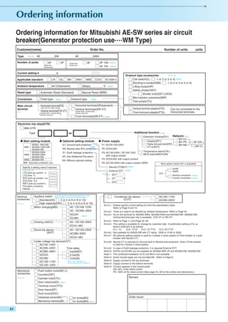 Ordering information for Mitsubishi AE-SW series air circuit
breaker(Generator protection use....WM Type)
Customer(name)
Type

Order No.

AE

P.9~10

-SW

Number of poles

AE
4P

3P
AE630-SW~
AE4000-SWA

Current setting Ir

AE4000-SW~
AE6300-SW

LR

GL

BV

Ambient temperature

DNV

40°C(Standard)

4P HN
4P FN

3P

Automatic Reset (Standard)

Connection

Fixed type

Note15
Note15

Main circuit
terminal

Horizontal terminal(FIX)
(AE630~1600-SW / AE2000~3200-SW)

Vertical terminal(FIX-VT)

(

)

CCS

P.17~18
Drawout type accessories
Cell switch(CL: 1 or 2 or 3 or 4) Note5
Shorting b-contact(SBC: 1 or 2 or 3 or 4 or 5)
Lifting hooks(HP)
Safety shutter(SST)
Shutter lock(SST-LOCK)
Mis-insertion preventor(MIP)
Test jumper(TJ)

IEC 60947-2
°C

Note2

Manual Reset (MRE)

Drawout type

Note3

AE2000-SWA / AE4000-SWA
AE4000~6300-SW

ABS
Others

Reset type

units

-SWA

A

Applicable standard

P.11

Number of units

Note3

Horizontal terminals(DR)(standard)
Vertical terminals(DR-VT)

Vertical terminal adapter(VTA)
Front terminal adapter(FTA)

AE2000-SWA / AE4000-SWA
AE4000~6300-SW

Front terminals(DR-FT)

Can be connected to the
Horizontal terminals.

Note4

Electronic trip relay(ETR)
With ETR

Additional function

Type

P.32

Extension module(EX1)

● Main setting module

● Optional setting module
G1: Ground fault protection

AE630–1600-SW,
AE2000–3200-SW,
AE4000-SW
AE2000-SWA,
WM2 AE4000-SWA,
AE5000-SW
WM3 AE6300-SW
WM : Generator protection use

Note6

Note7

WM1

N5: Neutral pole 50% protection
E1: Earth leakage protection
AP: 2nd Additional Pre-alarm
NA: Without optional setting

● Power supply
P1:

AC•DC100-240V

P2: DC24-60V
P3: AC100-240V / DC100-125V
with output contact
P4: DC24-60V with output contact
Neutral CT(NCT)

P.23,24,27~29

External ZCT

Electrical
accessories
P.12~14

P.28

Wire system (when EX1 is specified)
3φ3W
3φ4W

Note9

EX1

B

Normal connection : Note13
Inverse connection : Note14

)

B contacts in the same quantity are
Auxiliary switch A andquantity: 5 each for A and B contactsused.
Max.
Standard(AX
: 2 or 4 or 6 or 8 or 10)
High capacity(HAX
: 2 or 4 or 6 or 8 or 10)
AC • DC100–125V
Motor charging(MD)
AC • DC200–250V
DC24V Note10
DC48V
Closing coil(CC)
AC • DC100–250V
DC24–48V

AC • DC100–250V
AC380–500V
DC24–48V

Under voltage trip device(UVT)
AC100–120V
AC200–240V
Time delay
AC380–460V
Inst(INST)
DC24V
0.5s(05)
DC48V
3.0s(30)
Note:In case of 380-460V AC,
DC100–110V
the external transformer is attached
DC120–125V

P.15~16

BIF-CL

ZTA

Shunt trip device
(SHT)

Mechanical
accessories

BIF-CON

Note8

ZCT
ZT

BIF-CC
BIF-PR
BIF-MD

Temperature alarm(TAL)
MCR switch(MCR-SW)

P5: DC100-240V with output contact (SSR)

Specify a setting value,if required.
LTD pick-up current : IL
LTD time: TL
STD pick-up current : Isd
STD time: Tsd
INST pick-up current:Ii
Pre-alarm current:Ip
Othters (

Network P.33

Display(DP1)
Display onto panel board(DP2)
VT unit(VT)

Push button cover(BC-L)
Counter(CNT)
Cylinder lock(CYL)
Door interlock(DI) Note11
Terminal cover(TTC)
Door frame(DF)
Dust cover(DUC)
Interphase barrier(BA) Note12
Mechanical interlock(MI)

P.16

Condenser trip device
(COT)

N o t e 1 : Please specify current setting (Ir) from the specification table.
Refer to Page 9 and 10.
N o t e 2 : There is a case to be derated by ambient temperature. Refer to Page 54.
N o t e 3 : As for the terminal for AE2000-SWA, AE4000-SWA and AE4000-SW~AE6300-SW,
Vertical terminal type only is available. (FIX-VT or DR-VT)
N o t e 4 : Refer to Page 11 and Page 39~46.
N o t e 5 : This setting is available for change by customer later. A preliminary setting of CL at
factory shipment is as follows.
CL1: 1C
CL2: 1C1D
CL3: 1C1T1D
CL4: 2C1T1D
N o t e 6 : Not available for AE630-SW with CT rating : 250A or 315A or 500A.
N o t e 7 : N5 optional setting module is used for 3 phase 4 wires system.(4 Pole breaker or 3 pole
breaker with Neutral CT)
N o t e 8 : Neutral CT is required for Ground fault or Neutral pole protection, when 3 Pole breaker
is used for 3 phase 4 wires system.
Note9:
Note10:
Note11:
Note12:
Note13:
Note14:
Note15:

In case of Earth leakage protection, it is required External ZCT.
DC24V and DC48V are not available for AE4000-SWA 4P and AE4000-SW~AE6300-SW.
The combined installation of DI and MI3 is not available.
Some module types are not provided BA. Refer to Page15.
Supply connect to the top terminals.
Supply connect to the bottom terminals.
Current capacity of the neutral poles
HN: 50% of the rated current
FN: 100% of the rated current (See page 43, 48 for the outline and dimensions.)

Remark

for 2units(MI2)
for 3units(MI3) Note11

AC100–110V
AC200–220V

Order Issuer

 