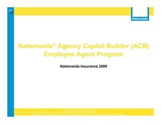 Nationwide® Agency Capital Builder (ACB)
         Employee Agent Program
                                                             Nationwide Insurance 2009




                                                                  CONFIDENTIAL AND PROPRIETARY                                                                   1
MIC-1905 (1/09)   ©2009 Nationwide Mutual Insurance Company. All Rights Reserved. Proprietary and Confidential.
                   See the AAE employment agreement for the specific terms and conditions that apply to you. This presentation is not binding on either party.
 