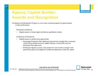 Agency Capital Builder:
    Awards and Recognition
    The Awards and Recognition Program is a non-cash incentive program for agents based
        on their performance


              Presidents Conference
              •    Eligible based on Career Agent conference qualification criteria


              Conference of Champions
              •    Eligible based on performance against plan
                       – Percentage Production Plan attainment requirement—greater than or equal to
                         130.0% Direct Written Premium (DWP), Policies in Force (PIF) and Life
                         Production Plan attainment
                       – All Program Agents must be in the position for nine months or longer in the
                         performance year to be eligible for conference attendance under this criteria




                                                                   CONFIDENTIAL AND PROPRIETARY
MIC-1905 (1/09)   ©2009 Nationwide Mutual Insurance Company. All Rights Reserved. Proprietary and Confidential.                                                 13
                  See the AAE employment agreement for the specific terms and conditions that apply to you. This presentation is not binding on either party.        13
 
