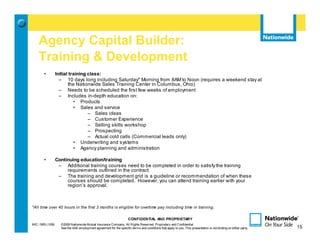 Agency Capital Builder:
    Training & Development
        •         Initial training class:
                    – 10 days long including Saturday* Morning from 8AM to Noon (requires a weekend stay at
                         the Nationwide Sales Training Center in Columbus, Ohio)
                    – Needs to be scheduled the first few weeks of employment
                    – Includes in-depth education on:
                            • Products
                            • Sales and service
                                   – Sales ideas
                                   – Customer Experience
                                   – Selling skills workshop
                                   – Prospecting
                                   – Actual cold calls (Commercial leads only)
                            • Underwriting and systems
                            • Agency planning and administration

        •         Continuing education/training
                   – Additional training courses need to be completed in order to satisfy the training
                       requirements outlined in the contract
                   – The training and development grid is a guideline or recommendation of when these
                       courses should be completed. However, you can attend training earlier with your
                       region’s approval.



*All time over 40 hours in the first 3 months is eligible for overtime pay including time in training.

                                                                     CONFIDENTIAL AND PROPRIETARY
MIC-1905 (1/09)     ©2009 Nationwide Mutual Insurance Company. All Rights Reserved. Proprietary and Confidential.                                                 15
                    See the AAE employment agreement for the specific terms and conditions that apply to you. This presentation is not binding on either party.        15
 