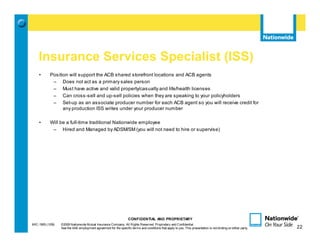Insurance Services Specialist (ISS)
    •       Position will support the ACB shared storefront locations and ACB agents
             – Does not act as a primary sales person
             – Must have active and valid property/casualty and life/health licenses
             – Can cross-sell and up-sell policies when they are speaking to your policyholders
             – Set-up as an associate producer number for each ACB agent so you will receive credit for
                  any production ISS writes under your producer number

    •       Will be a full-time traditional Nationwide employee
             – Hired and Managed by ADSM/SM (you will not need to hire or supervise)




                                                                   CONFIDENTIAL AND PROPRIETARY
MIC-1905 (1/09)   ©2009 Nationwide Mutual Insurance Company. All Rights Reserved. Proprietary and Confidential.                                                 22
                  See the AAE employment agreement for the specific terms and conditions that apply to you. This presentation is not binding on either party.        22
 
