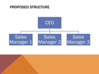 PROPOSED STRUCTURE
CEO
Sales
Manager 1
Sales
Manager 2
Sales
Manager 3
 