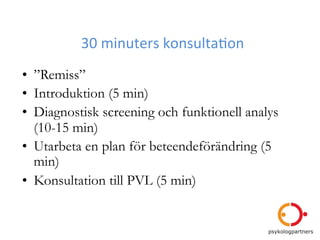 30	
  minuters	
  konsulta=on	
  
•  ”Remiss”
•  Introduktion (5 min)
•  Diagnostisk screening och funktionell analys
   (...