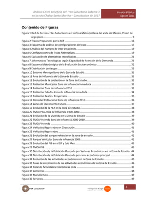 Análisis Costo Beneficio del Tren Suburbano Sistema 3
en la ruta Chalco-Santa Martha – Constitución de 1917
Versión Pública
Agosto 2011
4
Contenido de Figuras
Figura 1 Red de Ferrocarriles Suburbanos en la Zona Metropolitana del Valle de México, Visión de
largo plazo .............................................................................................................................. 9
Figura 2 Trazos Propuestos por la SCT .............................................................................................. 16
Figura 3 Esquema de análisis de configuraciones de trazo............................................................... 17
Figura 4 Análisis del número de inter estaciones. ............................................................................ 19
Figura 5 Configuraciones de Trazo Alternativos ............................................................................... 19
Figura 6 Evaluación de alternativas tecnológicas.............................................................................. 21
Figura 7. Alternativas Tecnológicas según Capacidad de Atención de la Demanda......................... 21
Figura 8 Esquema Metodológico de la Evaluación Socioeconómica ................................................ 22
Figura 9 Distribución de riesgos........................................................................................................ 25
Figura 10 Entorno Metropolitano de la Zona de Estudio.................................................................. 31
Figura 11 Área de influencia de la Zona de Estudio.......................................................................... 31
Figura 12 Evolución de la población en la Zona de Estudio .............................................................. 32
Figura 13 Población Municipios Zona de Influencia Inmediata ........................................................ 33
Figura 14 Población Zona de Influencia 2010 ................................................................................... 33
Figura 15 Población Estados Zona de Influencia Inmediata.............................................................. 34
Figura 16 Población Real vs. Proyectada........................................................................................... 35
Figura 17 Densidad Poblacional Zona de Influencia 2010................................................................. 36
Figura 18 Zonas de Crecimiento Futuro............................................................................................ 37
Figura 19 Evolución de la PEA en la zona de estudio........................................................................ 38
Figura 20 TMCA PEA Zona de Influencia 1990-2000......................................................................... 38
Figura 21 Evolución de la Vivienda en la Zona de Estudio ................................................................ 39
Figura 22 TMCA Vivienda Zona de Influencia 2000-2010 ................................................................. 39
Figura 23 TMCA Vivienda .................................................................................................................. 40
Figura 24 Vehículos Registrados en Circulación................................................................................ 41
Figura 25 Vehículos Registrados ....................................................................................................... 41
Figura 26 Evolución del parque vehicular en la zona de estudio...................................................... 42
Figura 27 Parque Vehicular Zona de Influencia 2009........................................................................ 42
Figura 28 Evolución del PIB en el DF y Edo Mex ............................................................................... 43
Figura 29 TMCA PIB........................................................................................................................... 43
Figura 30 Distribución de la Población Ocupada por Sectores Económicos en la Zona de Estudio . 44
Figura 31 Distribución de la Población Ocupada por rama económica principal ............................. 44
Figura 32 Evolución de las actividades económicas en la Zona de Estudio ...................................... 45
Figura 33 Tasas de crecimiento de las actividades económicas de la Zona de Estudio.................... 46
Figura 34 Total de Actividades Económicas en la ............................................................................. 47
Figura 35 Comercio ........................................................................................................................... 48
Figura 36 Manufactura...................................................................................................................... 49
Figura 37 Servicios............................................................................................................................. 49
 