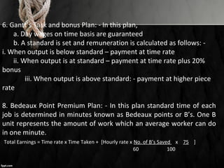 6. Gantt’s Task and bonus Plan: - In this plan,
a. Day wages on time basis are guaranteed
b. A standard is set and remuneration is calculated as follows: -
i. When output is below standard – payment at time rate
ii. When output is at standard – payment at time rate plus 20%
bonus
iii. When output is above standard: - payment at higher piece
rate
8. Bedeaux Point Premium Plan: - In this plan standard time of each
job is determined in minutes known as Bedeaux points or B’s. One B
unit represents the amount of work which an average worker can do
in one minute.
Total Earnings = Time rate x Time Taken + [Hourly rate x No. of B’s Saved x 75 ]
60 100
 