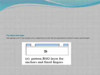 The fabrication steps
After exposing to the UV rays, the photo resist is stripped from the wafer. Then the required pattern is formed for anchors and fixed fingers
 