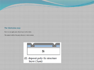 The fabrication steps
Now we can apply poly silicon layer on the wafer.
The typical width of the poly silicon is 3 micro meters
 