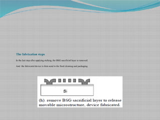 The fabrication steps
In the last step after applying etching, the BSG sacrificial layer is removed.
And the fabricated device is then send to the final cleaning and packaging.
 