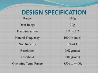 DESIGN SPECIFICATION
Range ±10g
Over Range 30g
Damping ration 0.7 to 1.2
Natural Frequency 100 Hz (min)
Non linearity ±1% of FS
Resolution 0.02g(max)
Threshold 0.01g(max)
Operating Temp Range -850c to +400c
 