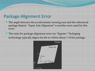 Package Alignment Error
The angle between the accelerometer-sensing axes and the referenced
package feature. "Input Axis Alignment" is another term used for this
error.
The units for package alignment error are "degrees." Packaging
technology typically aligns the die to within about 1° of the package.
 