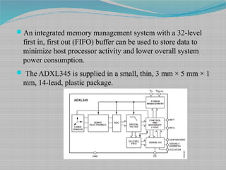 An integrated memory management system with a 32-level
first in, first out (FIFO) buffer can be used to store data to
minimize host processor activity and lower overall system
power consumption.
 The ADXL345 is supplied in a small, thin, 3 mm × 5 mm × 1
mm, 14-lead, plastic package.
 