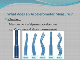 What does an Accelerometer Measure ?
Vibration:
Measurement of dynamic acceleration
e.g. Vibration and shock measurement
 