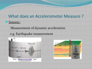 What does an Accelerometer Measure ?
Seismic:
Measurement of dynamic acceleration
e.g. Earthquake measurement
 