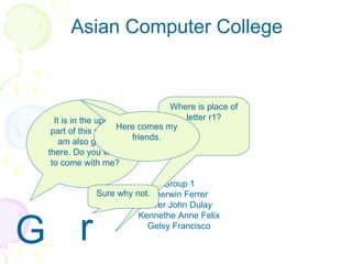 Asian Computer College Group 1 Sherwin Ferrer Alver John Dulay Kennethe Anne Felix Gelsy Francisco G r a m m a r Where is place of letter r1? It is in the upper part of this slide .I am also going there. Do you want to come with me? Sure why not. Here comes my friends. 