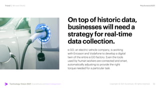#techvision2021
Trend | Mirrored World
Technology Vision 2021 | accenture.com/technologyvision
Ontopofhistoricdata,
businesseswillneeda
strategyforreal-time
datacollection.
e.GO, an electric vehicle company, is working
with Ericsson and Vodafone to develop a digital
twin of the entire e.GO factory. Even the tools
used by human workers are connected and smart,
automatically adjusting to provide the right
torque needed for a particular task.
 