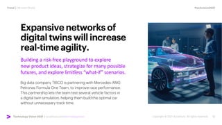 #techvision2021
Trend | Mirrored World
Technology Vision 2021 | accenture.com/technologyvision
Building a risk-free playground to explore
new product ideas, strategize for many possible
futures, and explore limitless “what-if” scenarios.
Expansivenetworksof
digitaltwinswillincrease
real-timeagility.
Big data company TIBCO is partnering with Mercedes-AMG
Petronas Formula One Team, to improve race performance.
This partnership lets the team test several vehicle factors in
a digital twin simulation, helping them build the optimal car
without unnecessary track time.
 