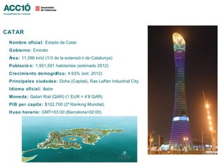 CATAR
 Nombre oficial: Estado de Catar
 Gobierno: Emirato
 Área: 11,586 km2 (1/3 de la extensió n de Catalunya)
 Població n: 1,951,591 habitantes (estimado 2012)
 Crecimiento demográfico: 4.93% (est. 2012)
 Principales ciudades: Doha (Capital), Ras Laffan Industrial City.
 Idioma oficial: Árabe
 Moneda: Qatari Rial (QAR) (1 EUR = 4’8 QAR)
 PIB per capita: $102,700 (2º Ranking Mundial)
 Huso horario: GMT+03:00 (Barcelona+02:00)
 