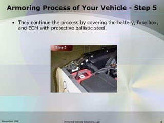 November 2011 Armored Vehicle Solutions, LLC 18
Armoring Process of Your Vehicle - Step 5
• They continue the process by covering the battery, fuse box,
and ECM with protective ballistic steel.
 