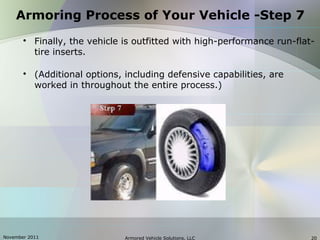 November 2011 Armored Vehicle Solutions, LLC 20
Armoring Process of Your Vehicle -Step 7

Finally, the vehicle is outfitted with high-performance run-flat-
tire inserts.

(Additional options, including defensive capabilities, are
worked in throughout the entire process.)
 