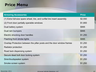 November 2011 Armored Vehicle Solutions, LLC 23
Price Menu
Armoring Accessories Price
(1) Extra full size spare wheel, tire, and runflat tire insert assembly‐ $2,550
(2) Front door partially operable windows $1,800
Dual battery system $995
Dual ram bumpers $995
Electric shocking door handles $1,250
Flashing front strobe lights $995
Overlap Protection between the pillar posts and the door window frames $1,250
Radiator protection $1,250
Road tack dispensing system $1,250
Secure dead bolt door locking system $1,250
Siren/loudspeaker system $1,250
Smoke screen system $1,250
 