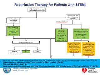 Reperfusion Therapy for Patients with STEMI 
*Patients with cardiogenic shock or severe heart failure should be transferred for cardiac catheterization as soon as possible (Class I, LOE: B). 
• Assessment and continuous quality improvement of EMS (Class I, LOE: B) 
• ECG by EMS (Class I, LOE: B) 
• Reperfusion therapy is reasonable for STEMI and symptom onset prior 12 to 24 hours (PCI preferred) (Class II, LOE: B) 
 